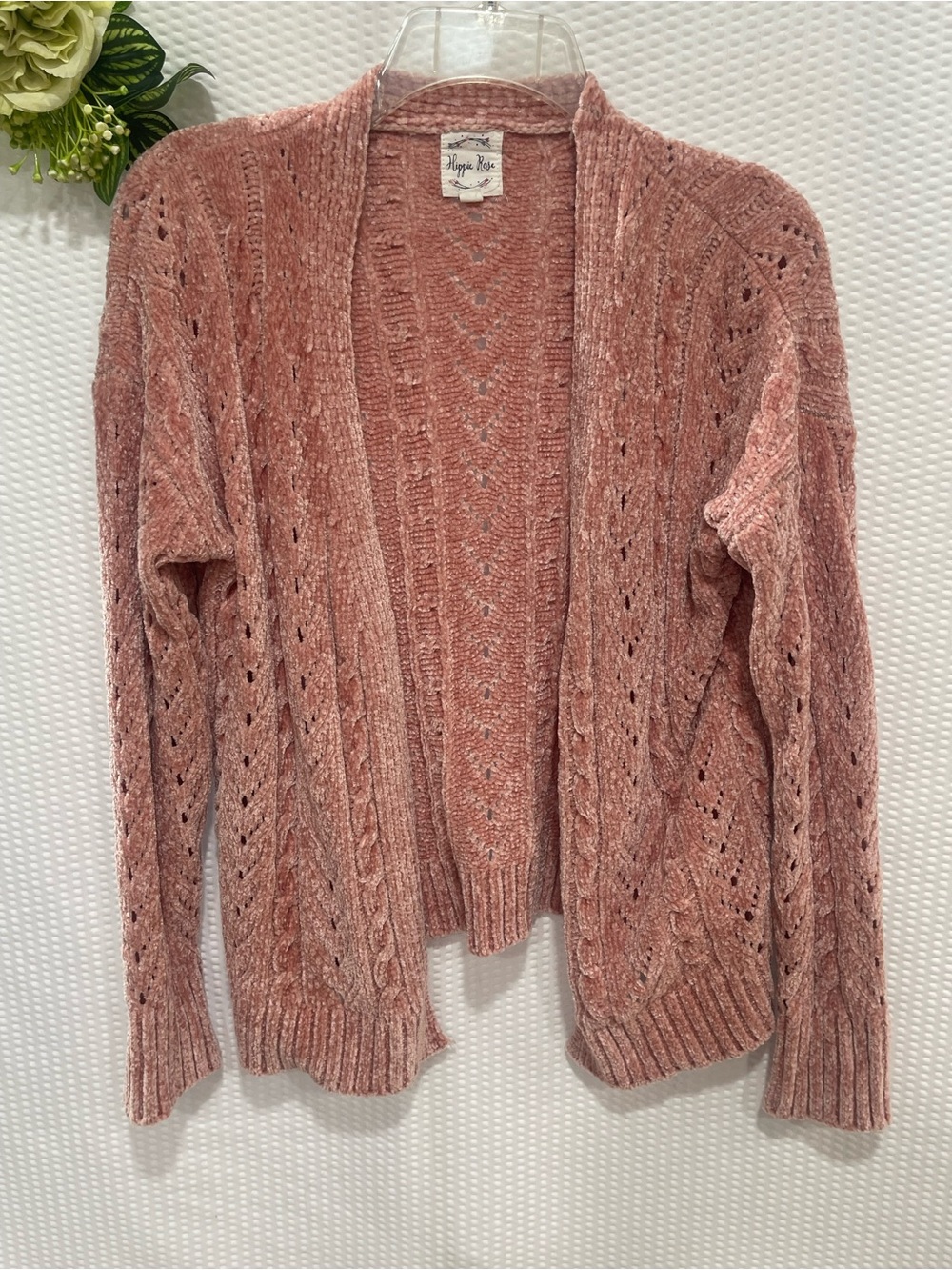 Hippie Rose Women’s Small Dusty Rose Chenille Cable Knit Open Cardigan Soft